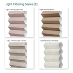 Light Filtering series motorized cellular shades fabric samples — Light Pink, Brown, Light Brown, Linen Beige.