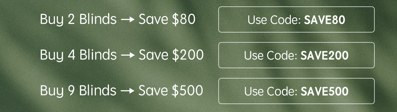 Promotional text with discount savings and use codes on a green background