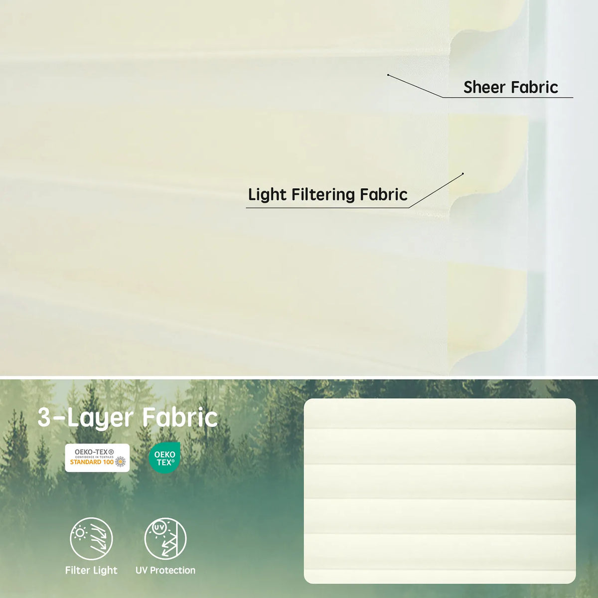 Elegant beige 75mm 3-layer light-filtering sheer fabric, offering soft light, UV protection, and certified safety.