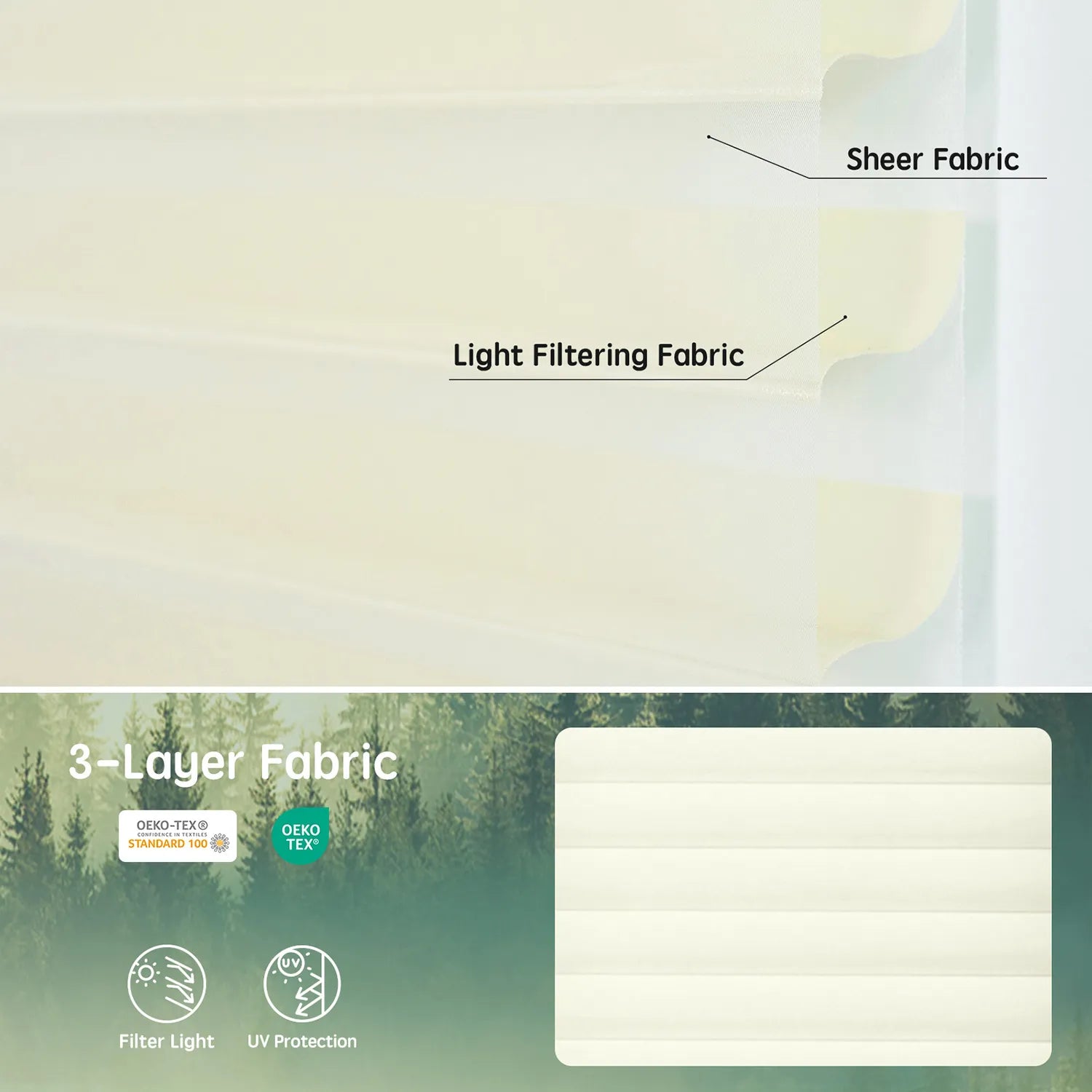 Elegant beige 75mm 3-layer light-filtering sheer fabric, offering soft light, UV protection, and certified safety.