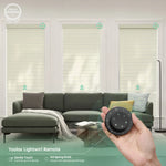 Elegant beige 75mm sheer horizontal shades with remote control, supporting up to 16 shades simultaneously.