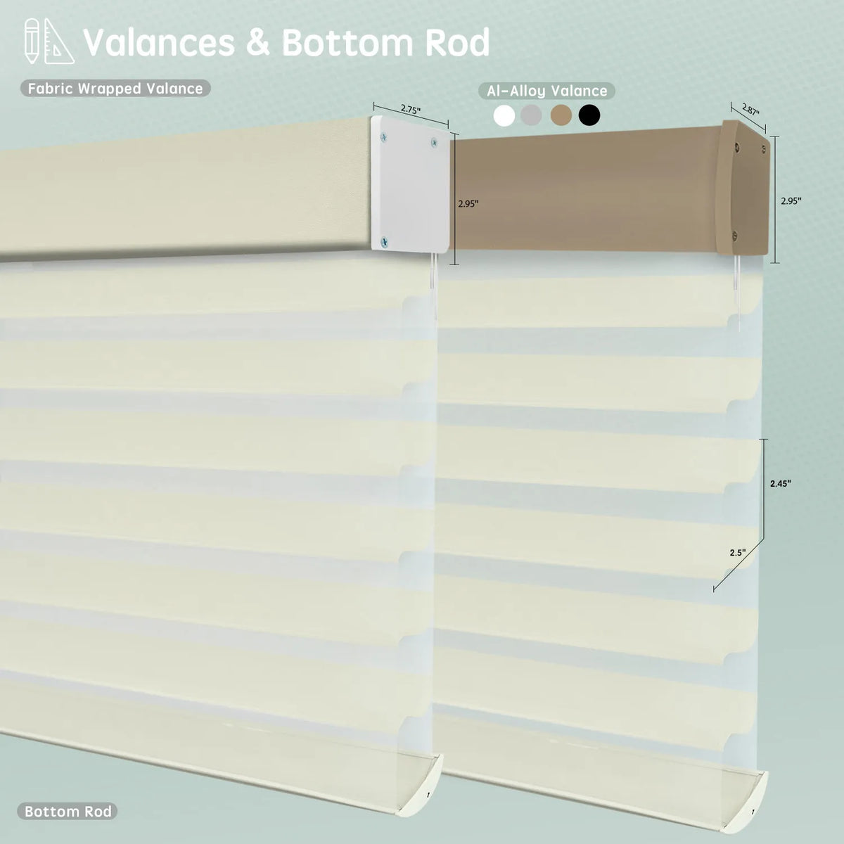 Sheer horizontal shades with elegant beige fabric-wrapped or aluminum valance options, featuring bottom rods for a clean, structured finish.