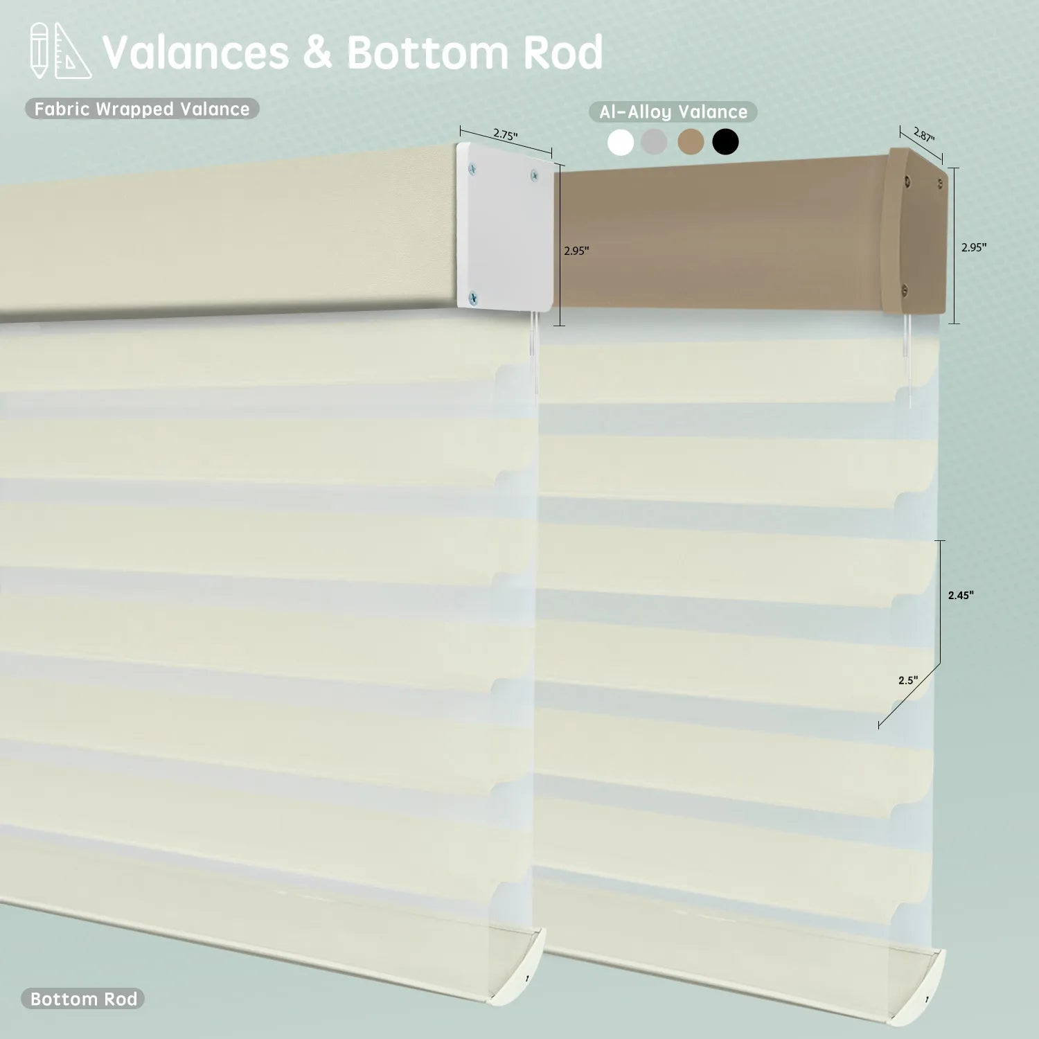 Sheer horizontal shades with elegant beige fabric-wrapped or aluminum valance options, featuring bottom rods for a clean, structured finish.