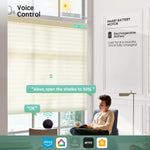 Elegant beige 75mm sheer horizontal shades with voice control, compatible with Alexa, Google Home, Apple HomeKit, and more.