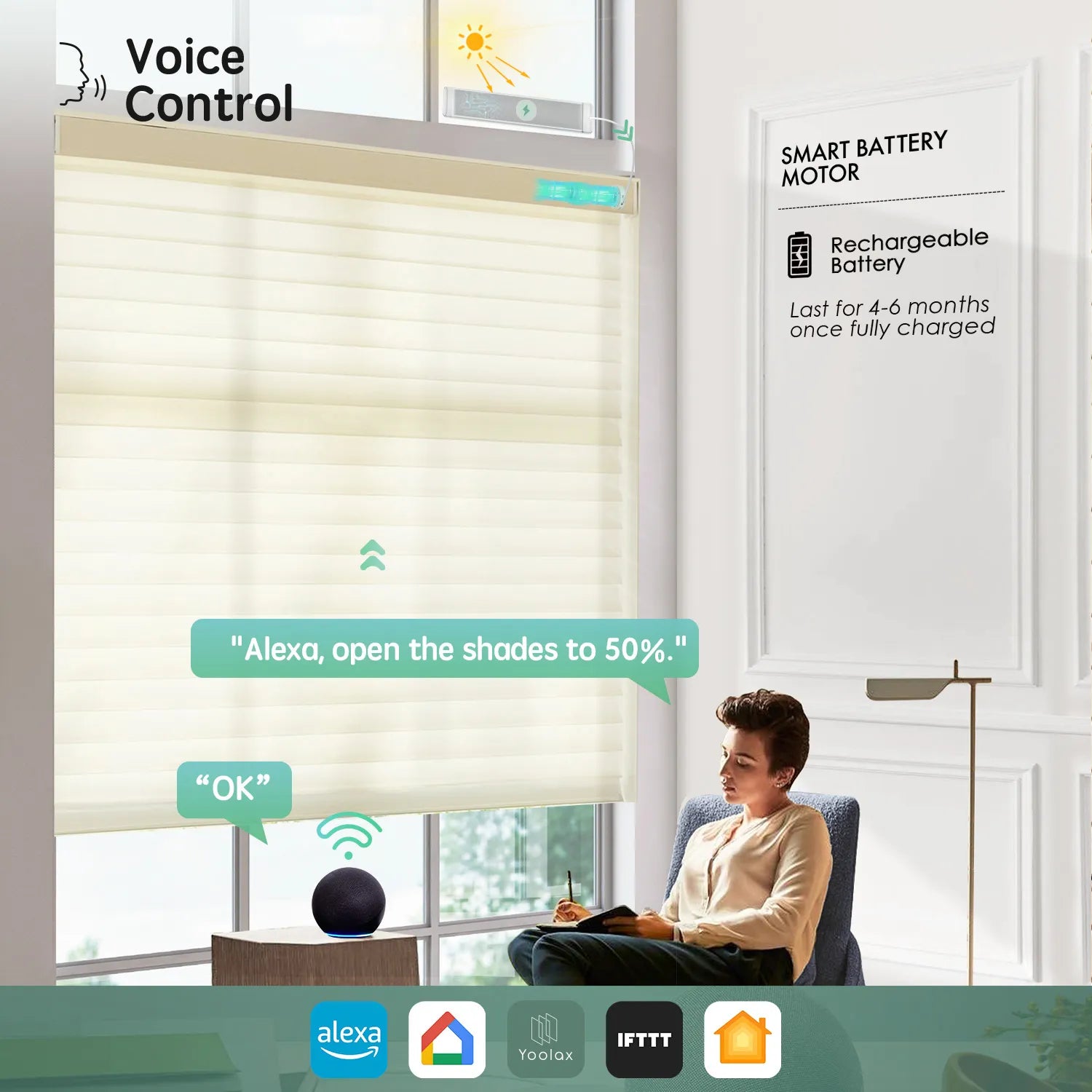 Elegant beige 75mm sheer horizontal shades with voice control, compatible with Alexa, Google Home, Apple HomeKit, and more.