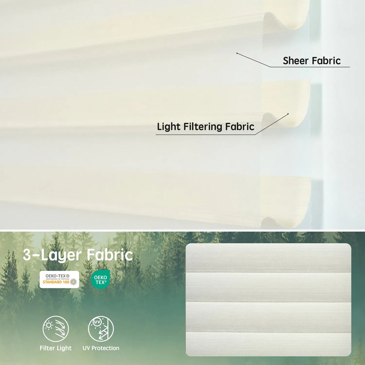 Ivory white 75mm 3-layer light-filtering sheer fabric, offering soft light, UV protection, and certified safety.