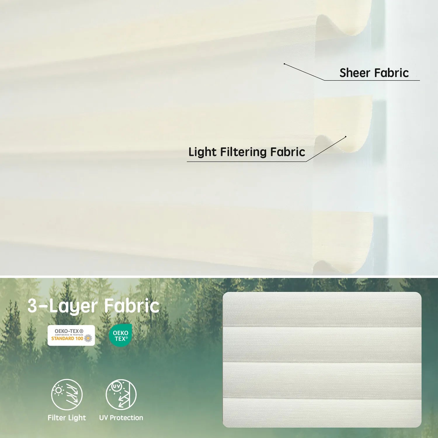 Ivory white 75mm 3-layer light-filtering sheer fabric, offering soft light, UV protection, and certified safety.