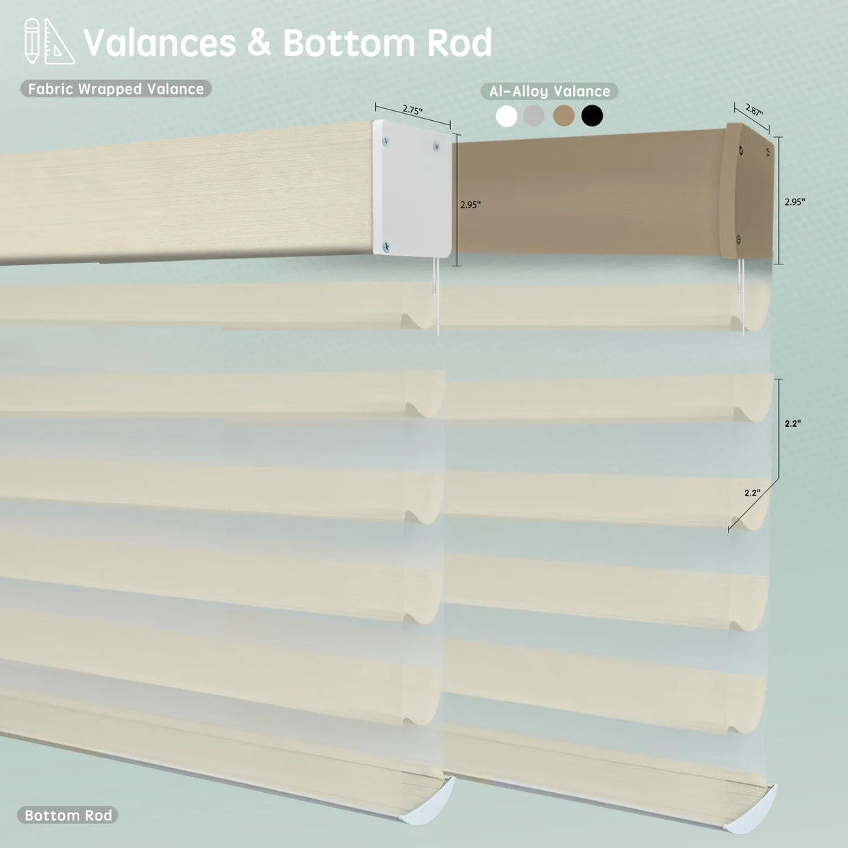 Sheer horizontal shades with Ivory white fabric-wrapped or aluminum valance options, featuring bottom rods for a clean, structured finish.