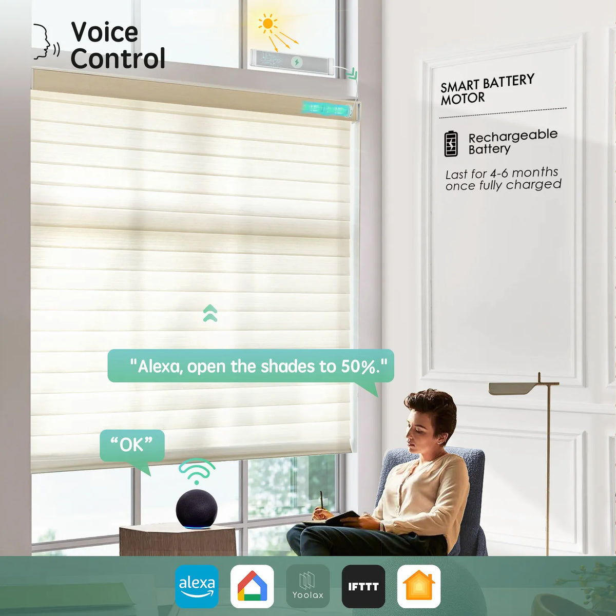Ivory white 75mm sheer horizontal shades with voice control, compatible with Alexa, Google Home, Apple HomeKit, and more.