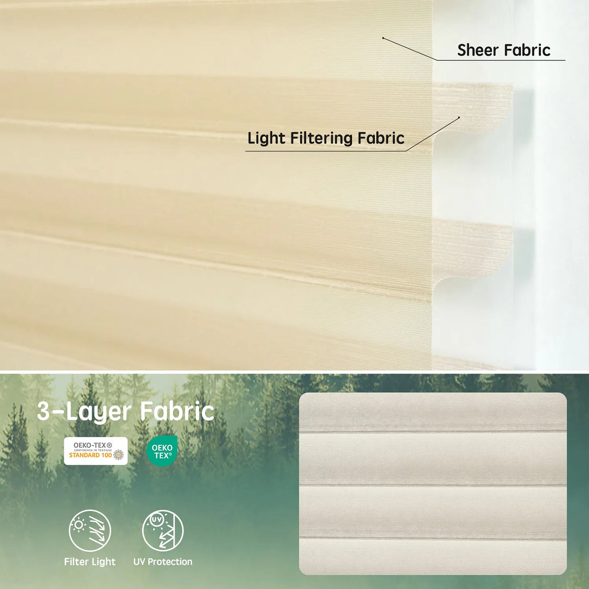 Light coffee 75mm 3-layer light-filtering sheer fabric, offering soft light, UV protection, and certified safety.