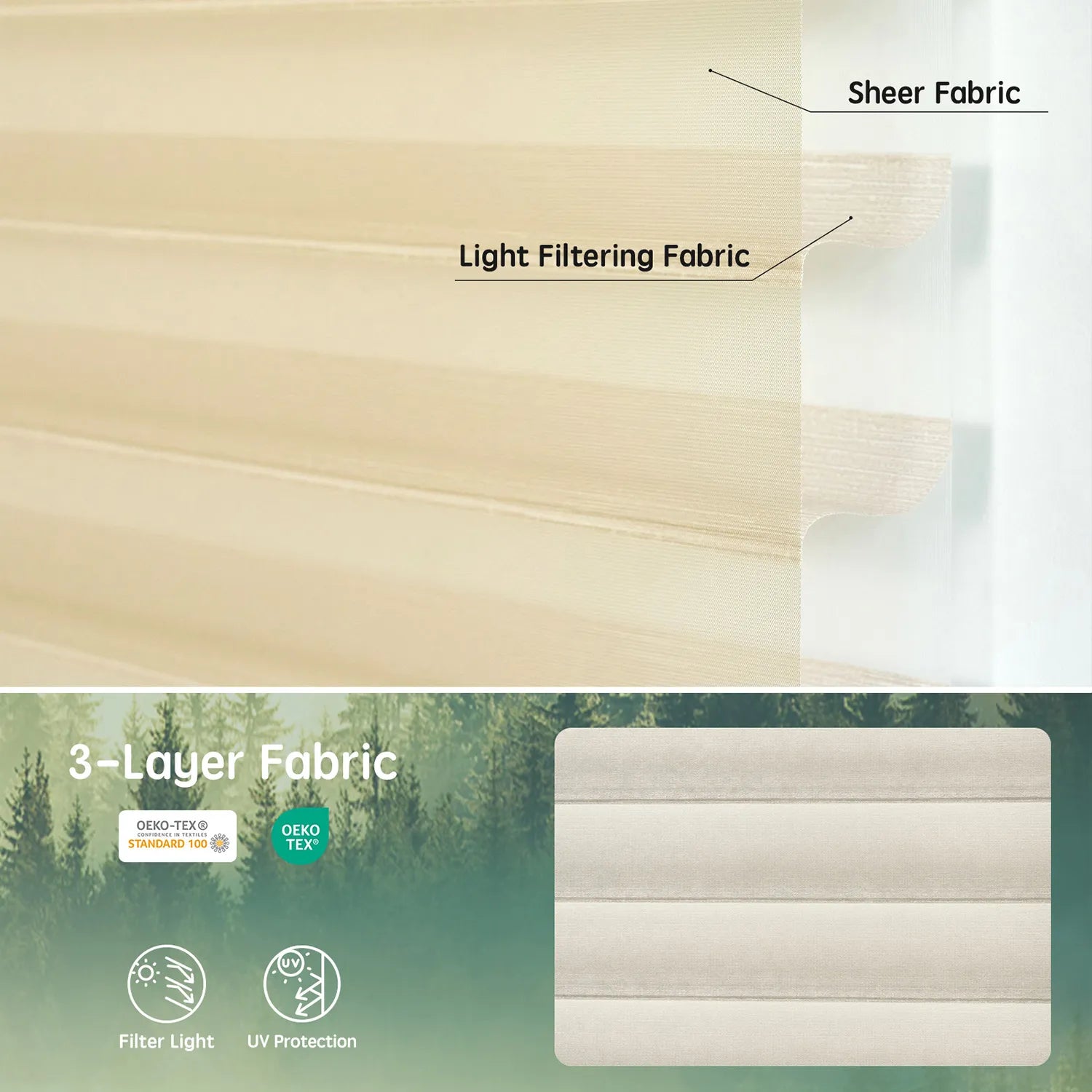 Light coffee 75mm 3-layer light-filtering sheer fabric, offering soft light, UV protection, and certified safety.