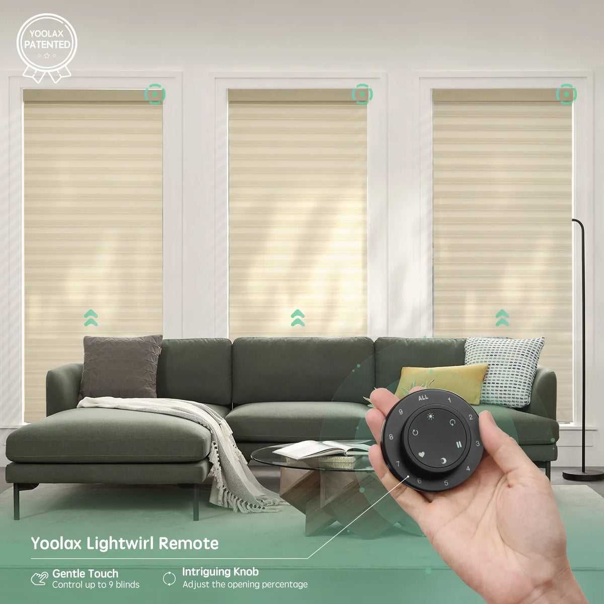 Light coffee 75mm sheer horizontal shades with remote control, supporting up to 16 shades simultaneously.