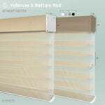 Sheer horizontal shades with light coffee fabric-wrapped or aluminum valance options, featuring bottom rods for a clean, structured finish.