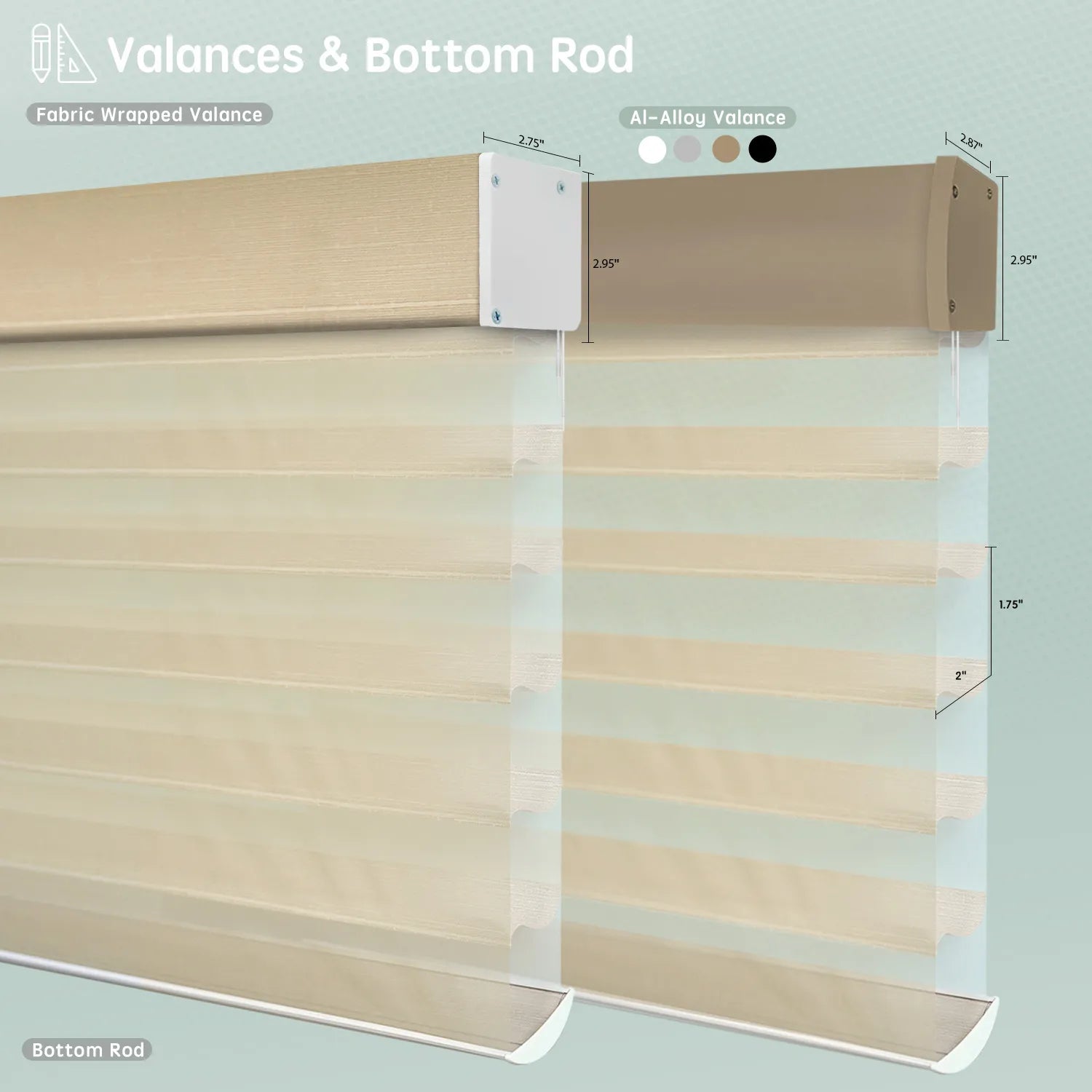 Sheer horizontal shades with light coffee fabric-wrapped or aluminum valance options, featuring bottom rods for a clean, structured finish.