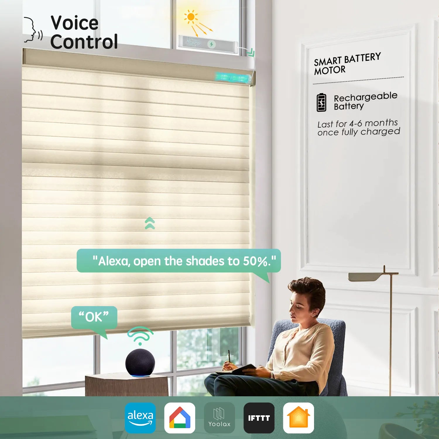 Light coffee 75mm sheer horizontal shades with voice control, compatible with Alexa, Google Home, Apple HomeKit, and more.