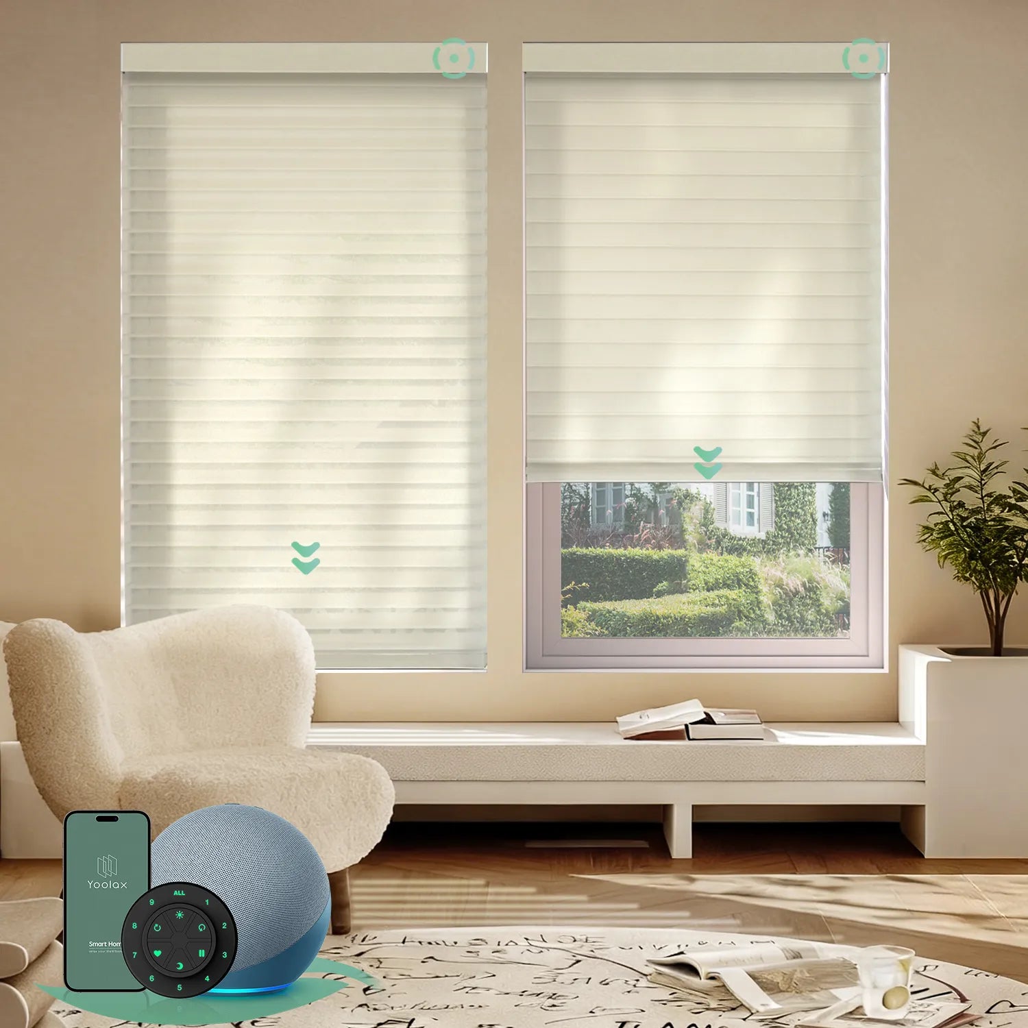 Smart horizontal sheer shades with wide light beige light-filtering fabric, offering soft light and moderate privacy through smart control.
