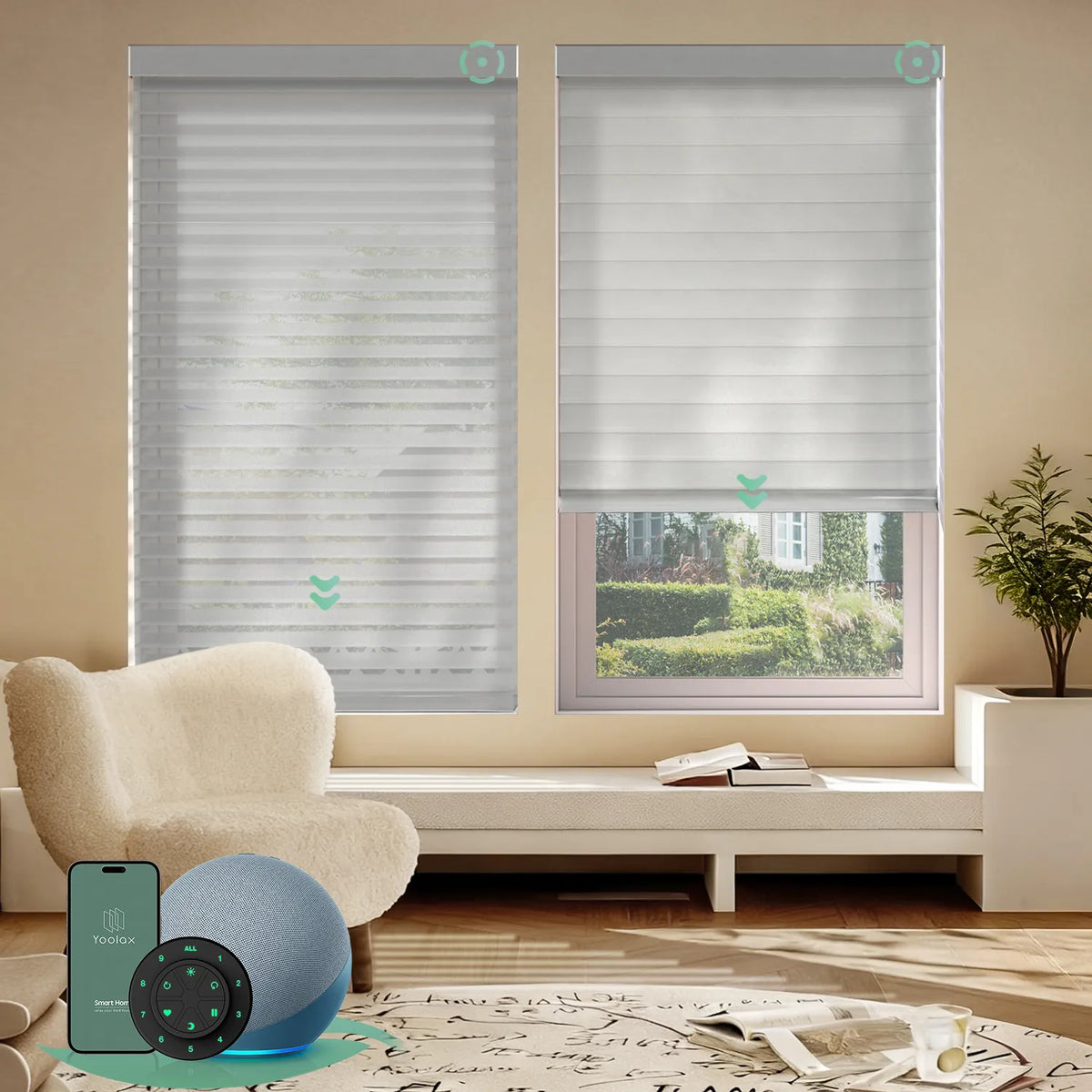 Smart horizontal sheer shades with wide light gray light-filtering fabric, offering soft light and moderate privacy through smart control.