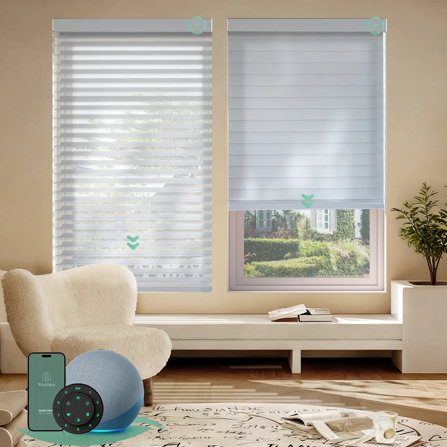Smart horizontal sheer shades with wide starlight silver light-filtering fabric, offering soft light and moderate privacy through smart control.