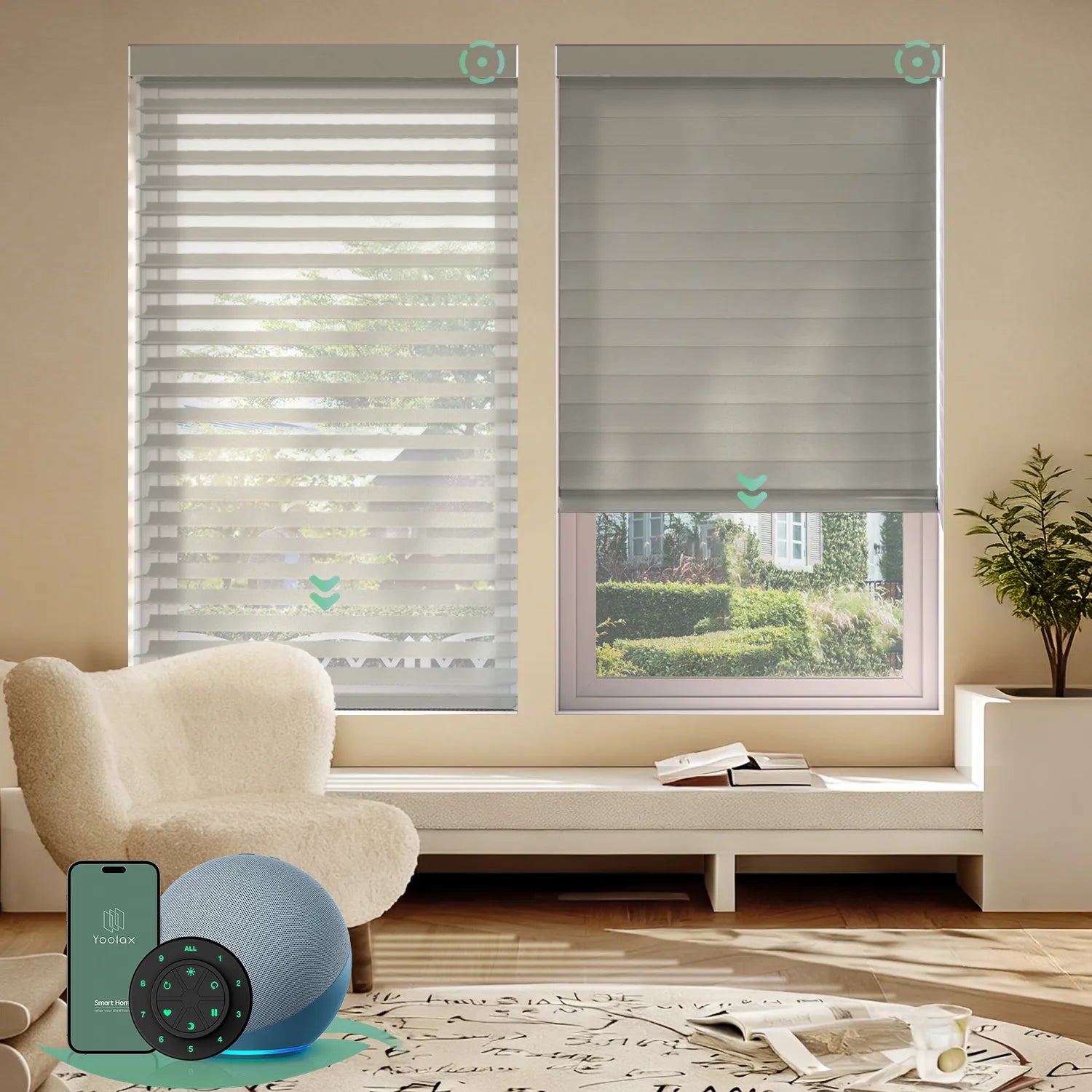 Smart horizontal sheer shades with wide walnut brown light-filtering fabric, offering soft light and moderate privacy through smart control.