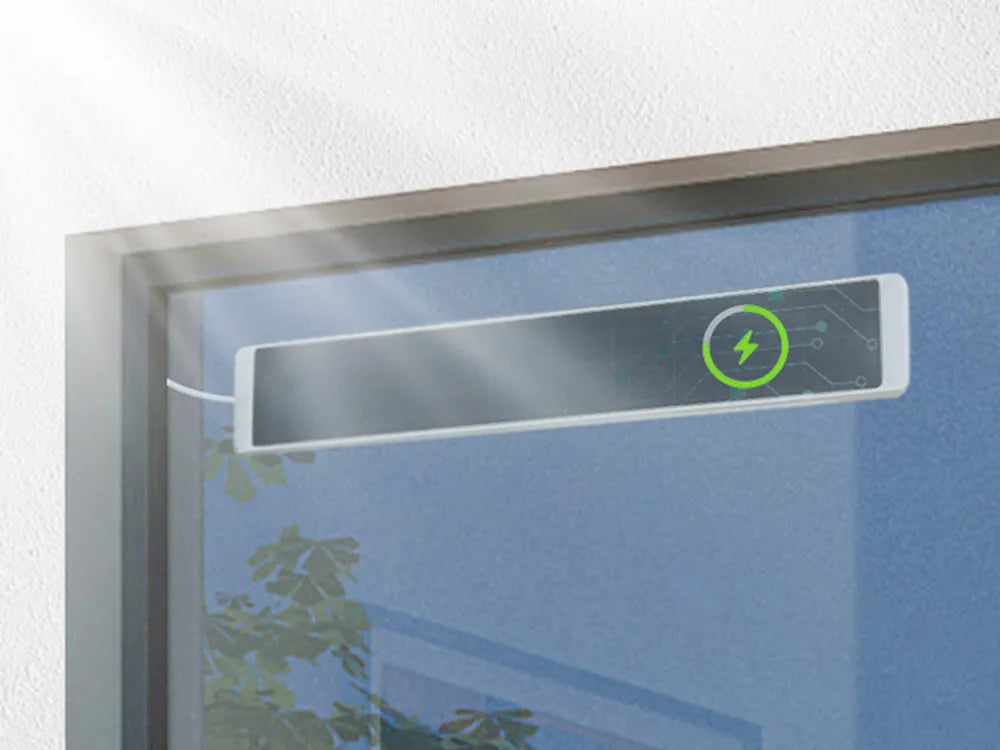 Motorized shades powered by solar panel for energy-efficient charging.