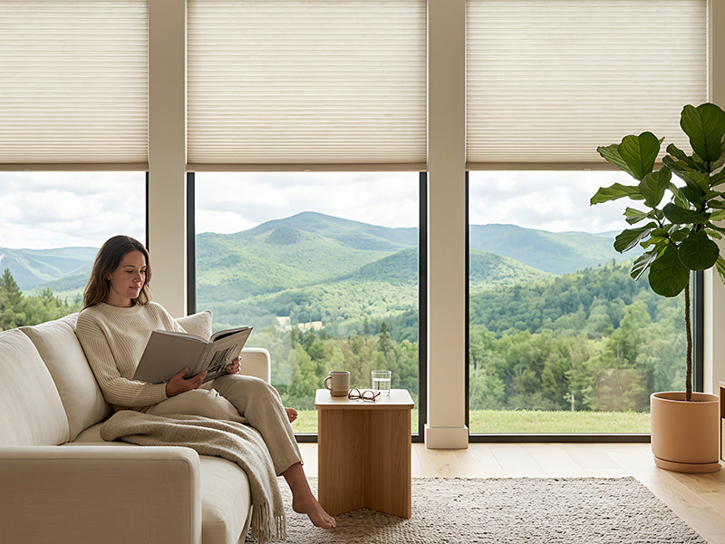 Woman reading a book on a couch with a scenic view of mountains through large windows.