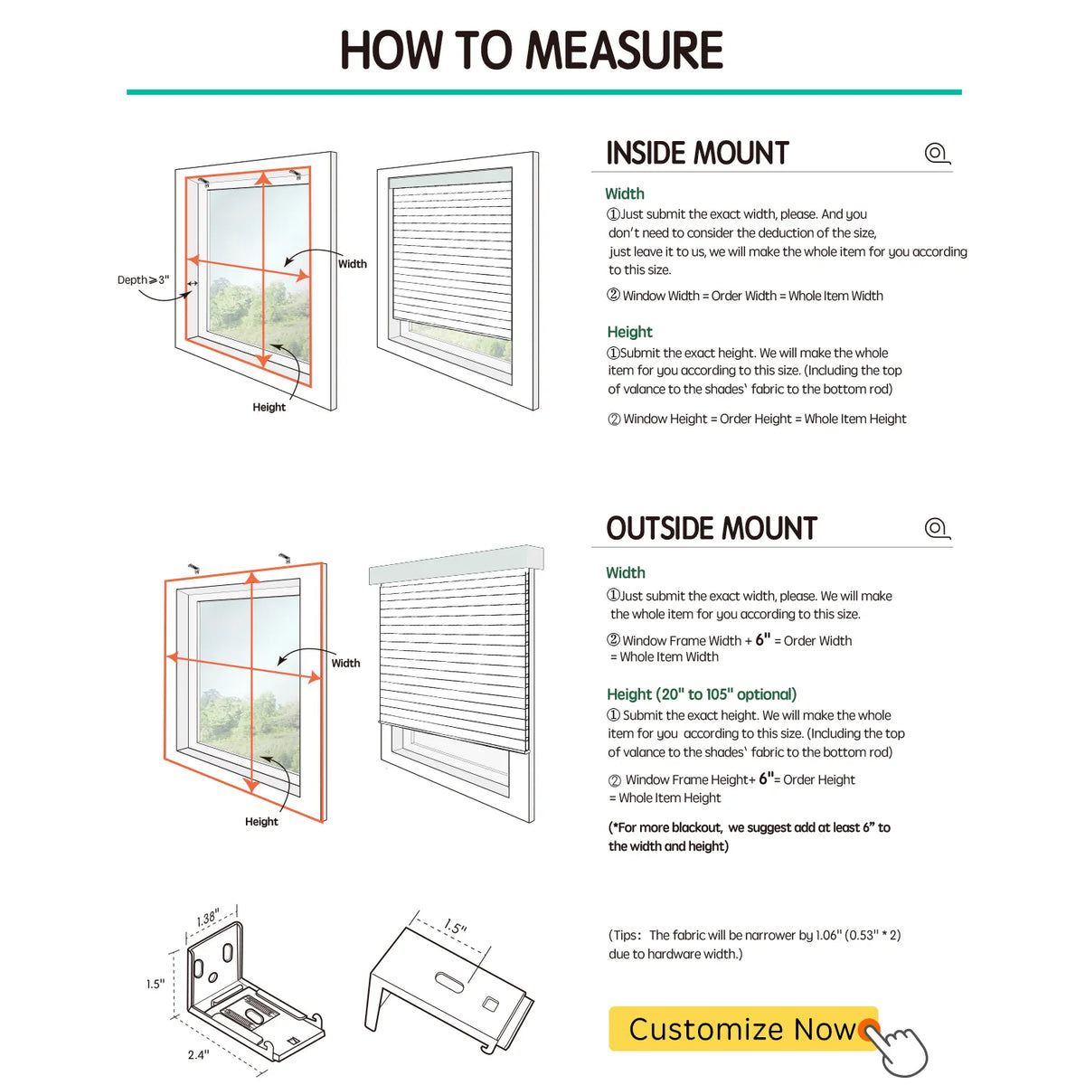 Measurement guide for inside and outside mount horizontal shades, illustrating how to measure window width and height for each installation type.