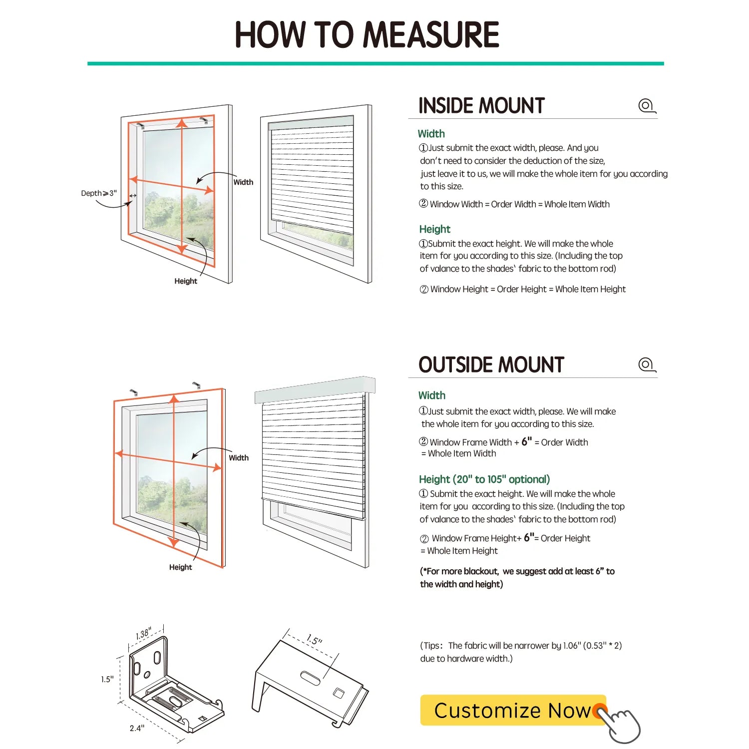 Measurement guide for inside and outside mount horizontal shades, illustrating how to measure window width and height for each installation type.