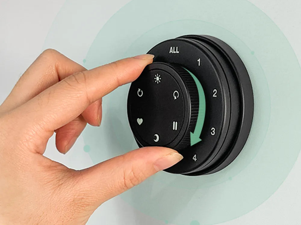 Yoolax lightwirl remote allows easy group control of up to 9 motorized shades.