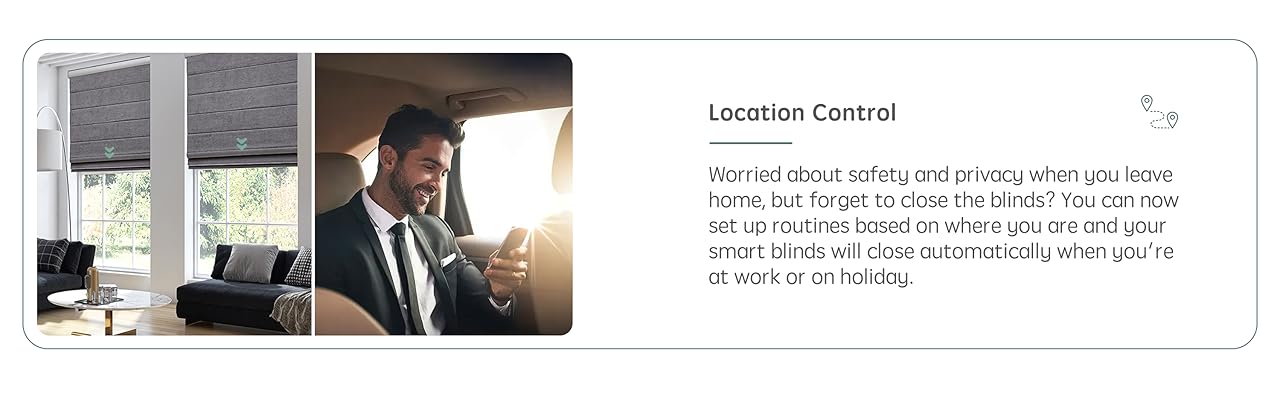 Smart blinds automatically closing when the user leaves home using location-based control with Google Home. 