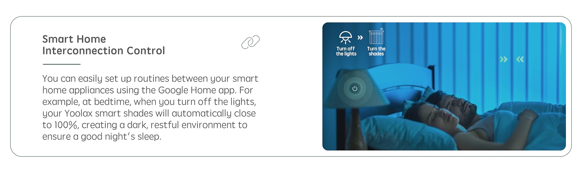 Smart home integration showing motorized blinds working with TV and home automation system through Google Home. 