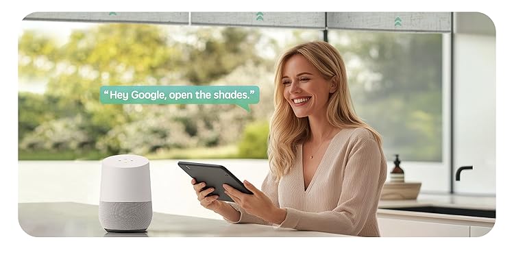 Woman using a tablet and Google Home device to control window shades.  