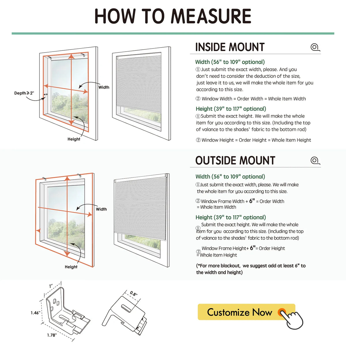 Measurement guide for window shades showing inside mount and outside mount instructions with width and height dimensions.