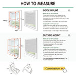 Measurement guide for window shades showing inside mount and outside mount instructions with width and height dimensions.