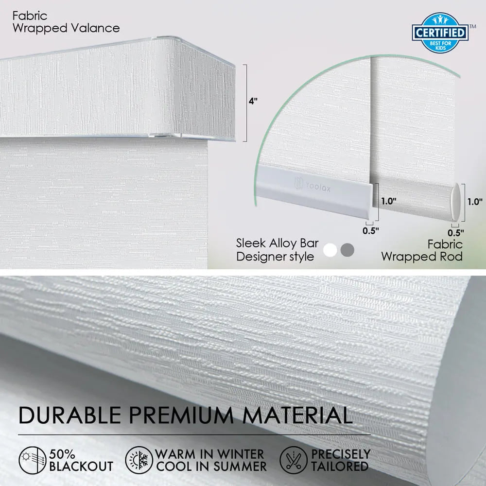 Panel track blinds with fabric wrapped valance, fabric wrapped or sleek alloy bottom rod, made of durable premium material for blackout and insulation.