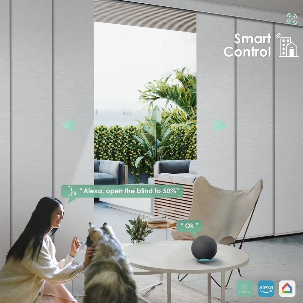 This blind is compatible with Alexa and Google Home ecosystems, enabling voice control, customization, and automation.