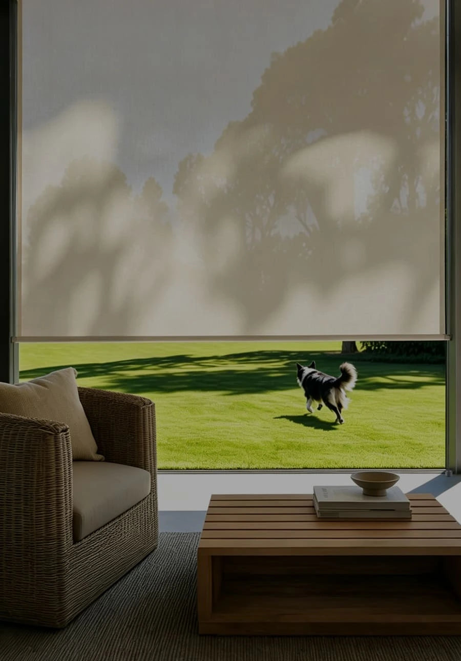 Motorized outdoor roller shades with extra-wide design for covering large spaces and blocking sunlight.