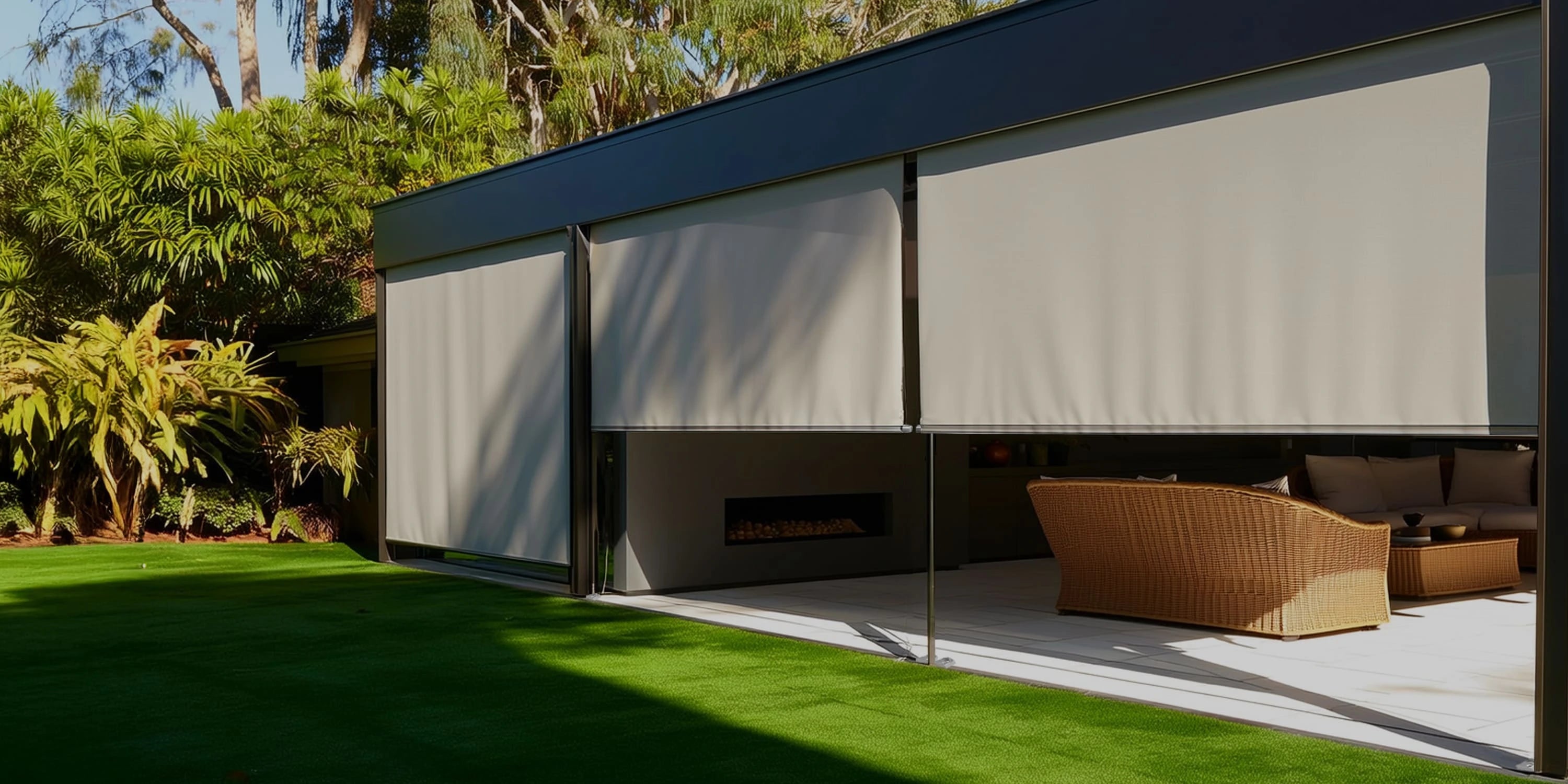 Extra-wide motorized outdoor roller shades installed on a large patio, providing sun protection and smart control.